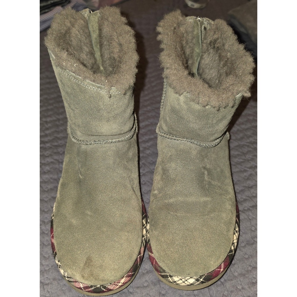 UGG Australia Rock Back Zip Grey Suede Studded Plaid Trim Shearling Boots Sz 9